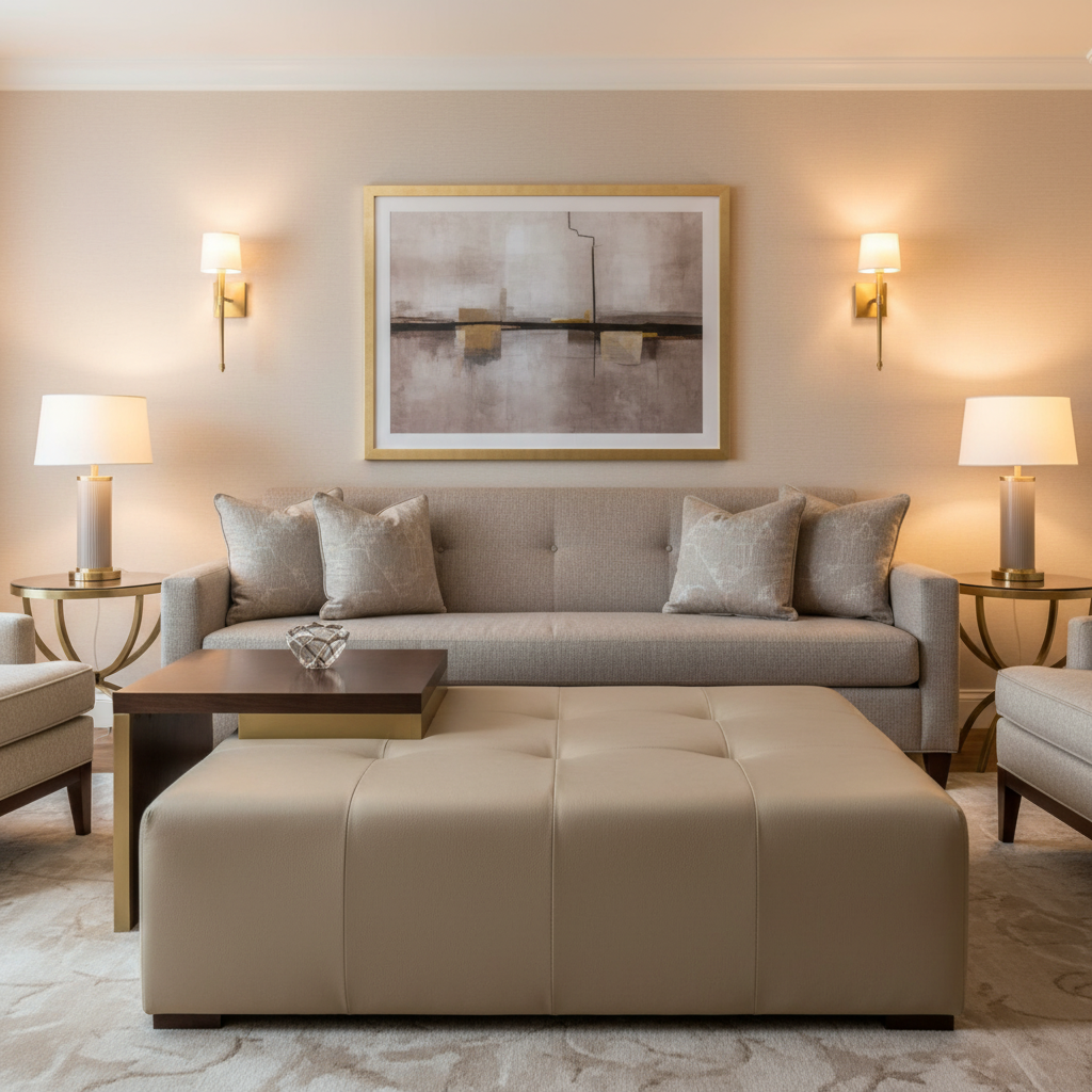 Smooth Pebble Grain Sandy Beige Upholstered Ottoman | Architectural Fabrics