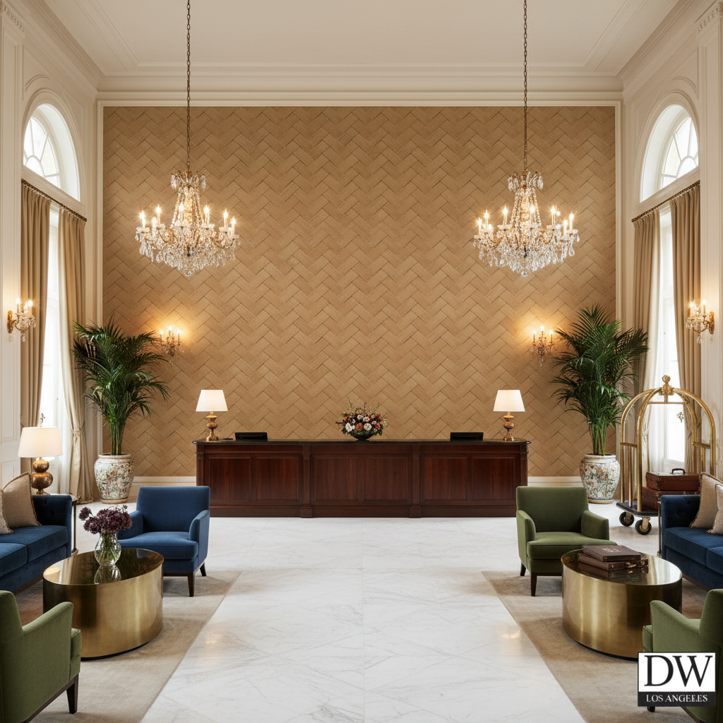 Moroccan Wooden Basketweave | Hollywood Wallcoverings - Hotel Lobby commercial room setting