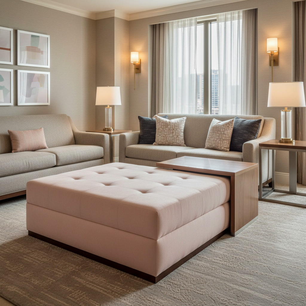 Ultrasuede Rose-Quartz -  Light Pink Upholstered Ottoman | Ultrasuede Upholstery