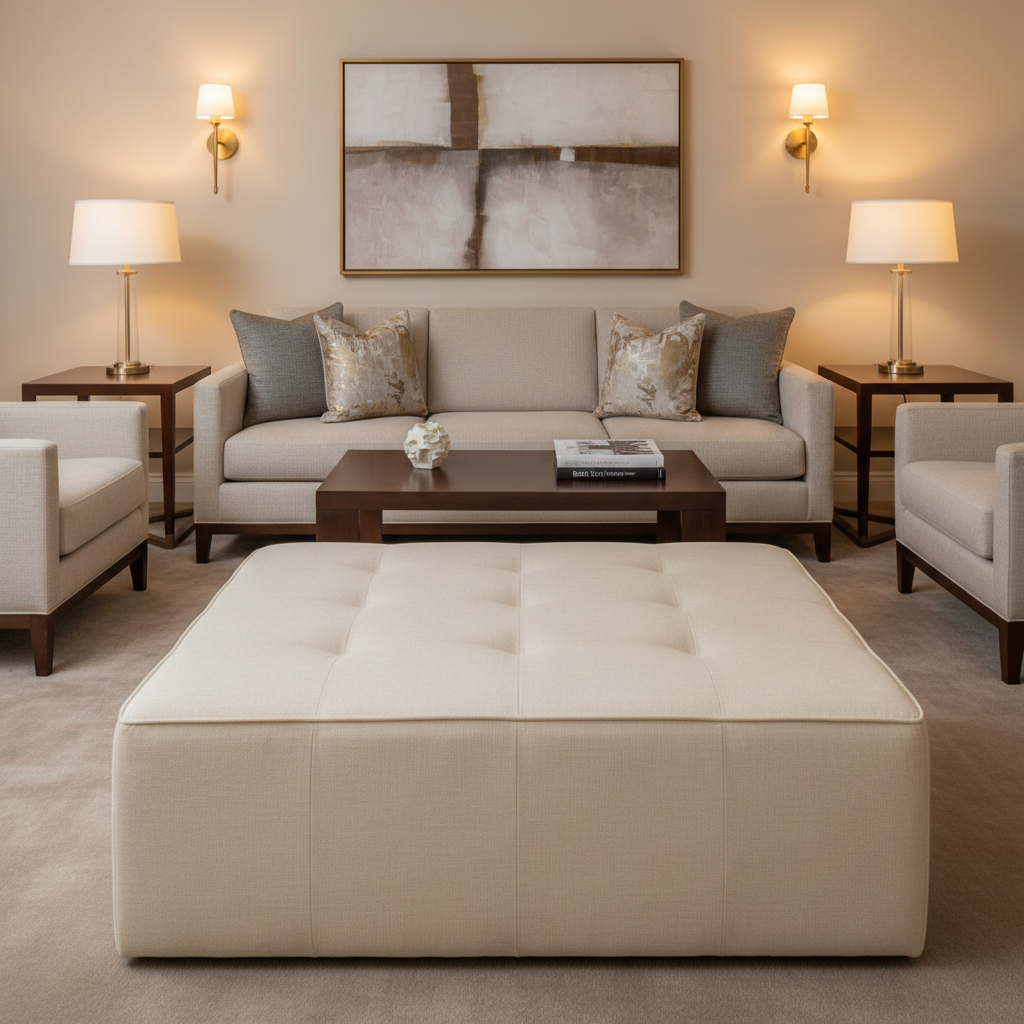 Subtle Linen Texture Soft Cream Upholstered Ottoman | Architectural Fabrics