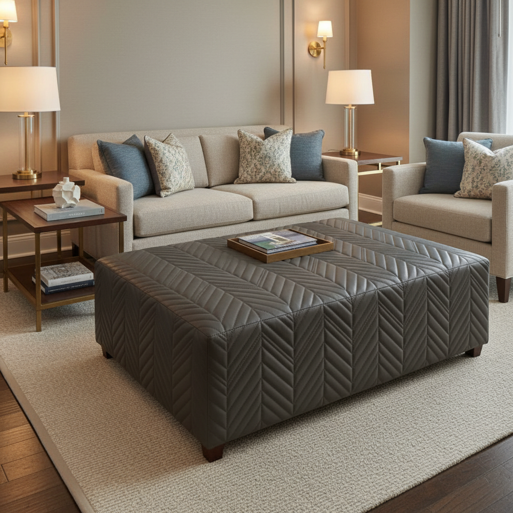Channel Chevron Stitch Dark Graphite Upholstered Ottoman | Architectural Fabrics