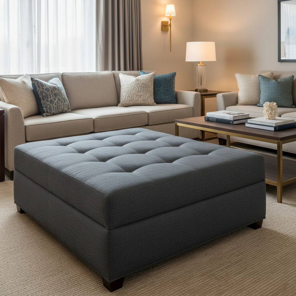 Fine Woven Texture Deep Graphite Upholstered Ottoman | Architectural Fabrics