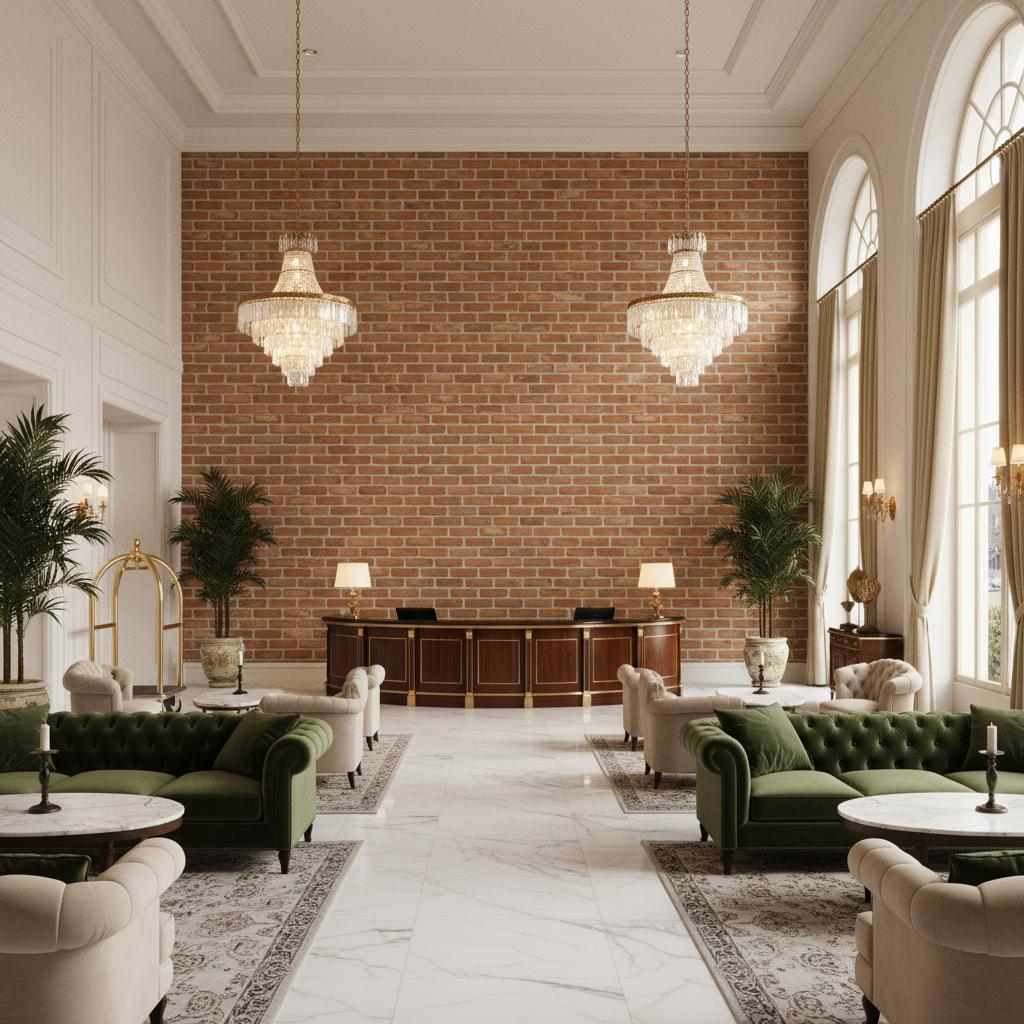 Vomera Faux Red Brick | Hollywood Wallcoverings - Hotel Lobby commercial room setting