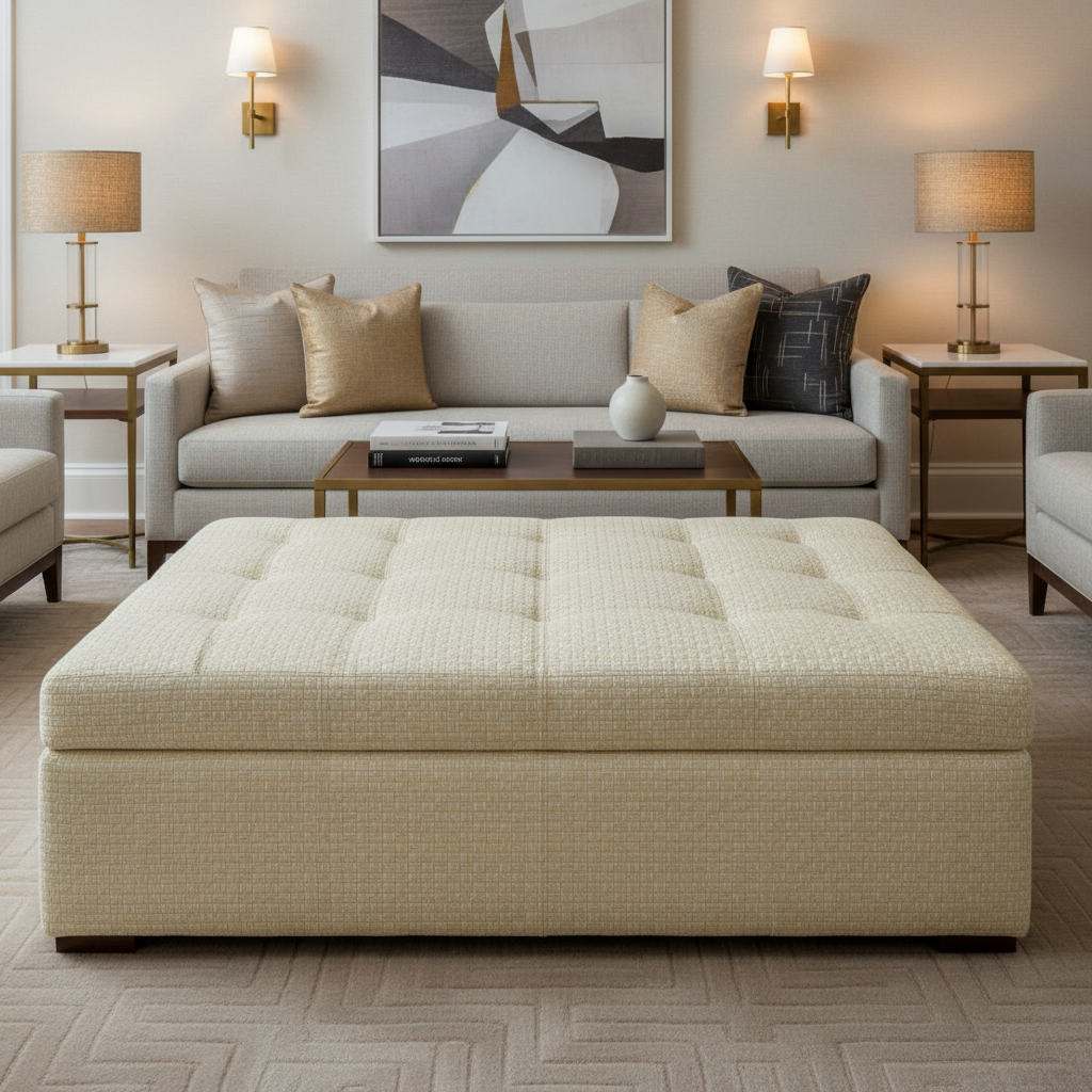 Woven Basketweave Texture Creamy Ivory Upholstered Ottoman | Architectural Fabrics