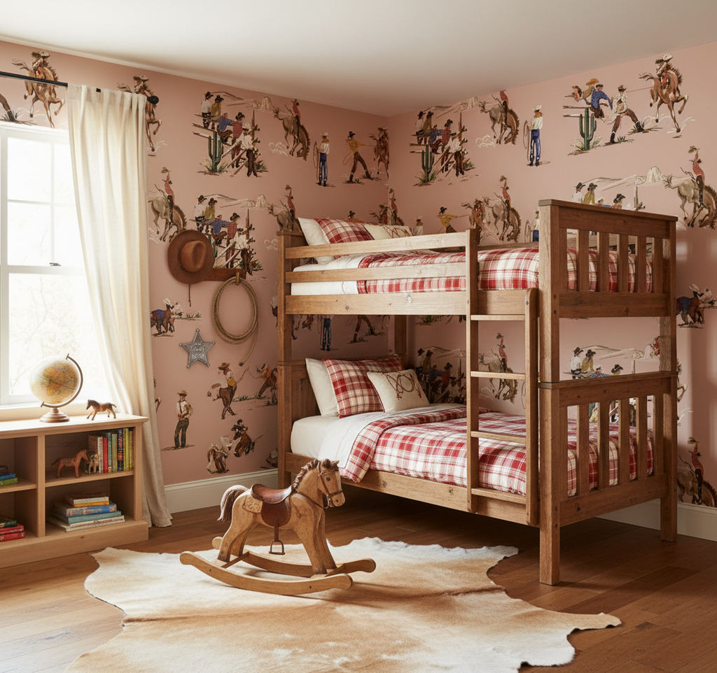 The Original Yeeha 1950's Cowboy -Blush Pink Mid-Century Modern | Architectural Wallcoverings - Boys Bedroom Room Setting