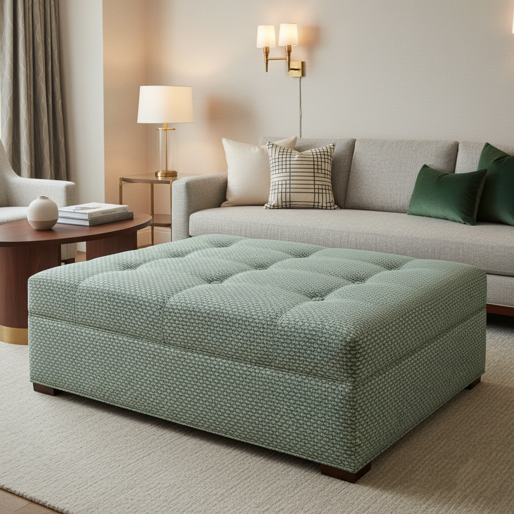 Geometric Woven Texture Seafoam Green Upholstered Ottoman | Architectural Fabrics