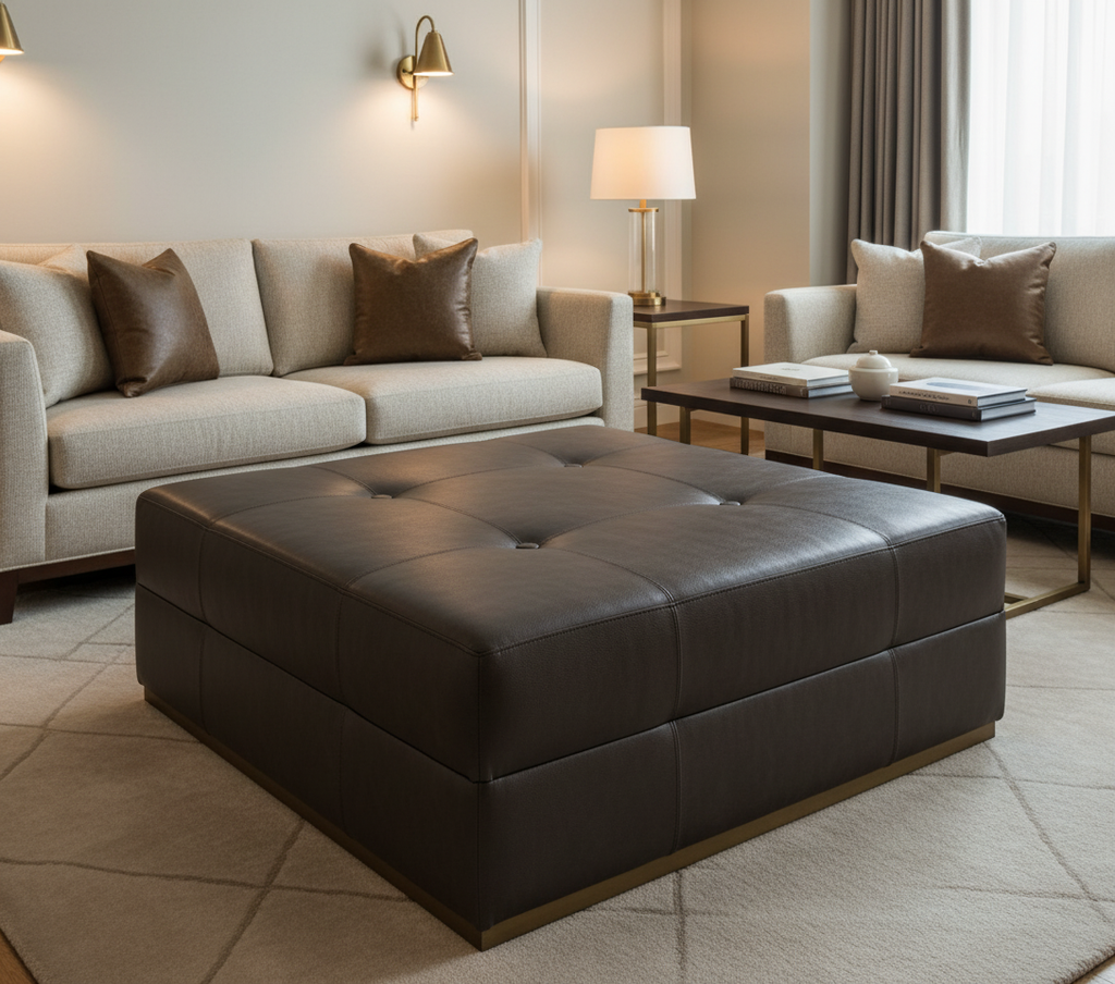 BALBOA - Ebony Hide Faux Leather Upholstered Ottoman | Architectural Fabrics