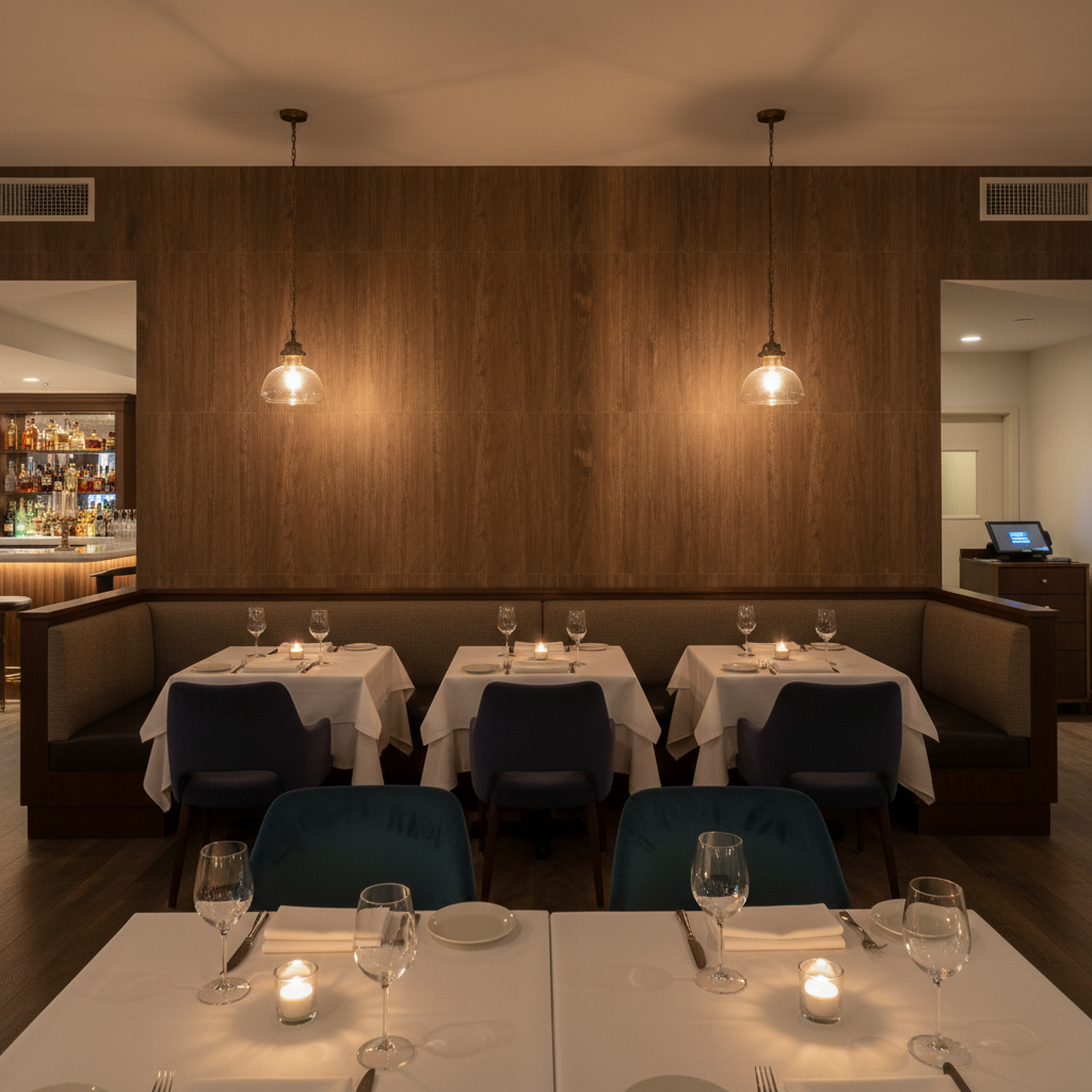 Biscay Bay Hickory Wood Grain | Hollywood Wallcoverings - Restaurant Dining commercial room setting