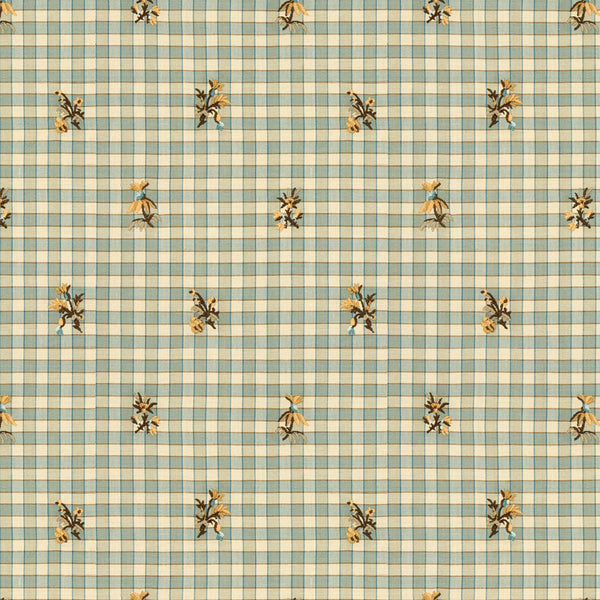 La Seyne Fleuri - Aqua Blue By Brunschwig & Fils | Tresors De Jouy |Botanical & Floral Plaid / Check Upholstery Embroidery