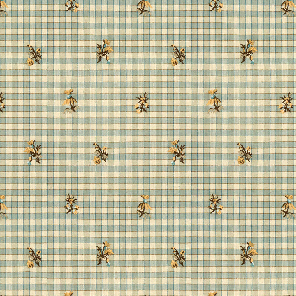 La Seyne Fleuri - Aqua Blue By Brunschwig & Fils | Tresors De Jouy |Botanical & Floral Plaid / Check Upholstery Embroidery
