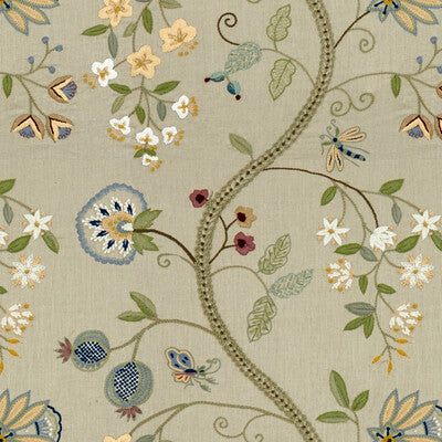 Claudia - Aqua/Gray Multi By Brunschwig & Fils | Les Tropiques |Botanical & Floral Jacobeans Multipurpose Embroidery