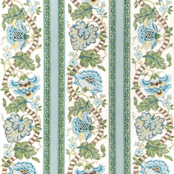 Lauris Print - Aqua/Leaf White By Brunschwig & Fils | Cadenet |Botanical & Floral Stripes Multipurpose Print