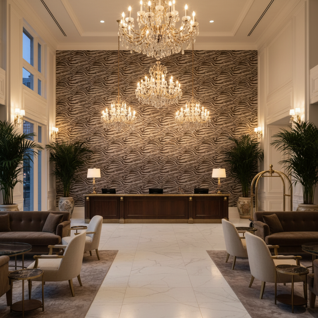 Labasa Taupe Zebra | Hollywood Wallcoverings - Hotel Lobby commercial room setting