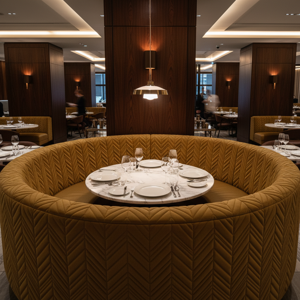Channel Chevron Pattern Golden Bronze Upholstered Banquette | Architectural Fabrics
