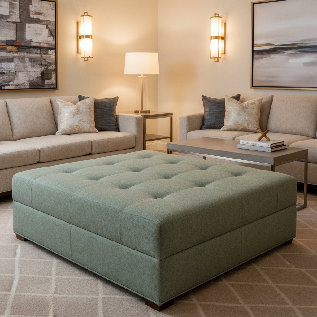 Fine Pebble Texture Dusty Sage Upholstered Ottoman | Architectural Fabrics