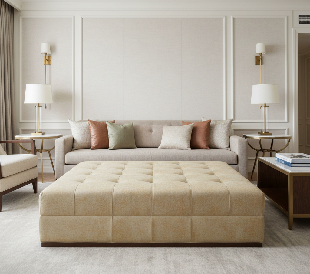 BALBOA - Sandstone Faux Leather Upholstered Ottoman | Architectural Fabrics