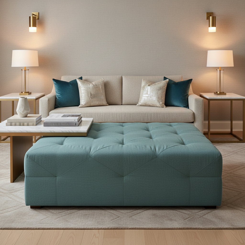 Fine Pebble Texture Soft Teal Upholstered Ottoman | Architectural Fabrics