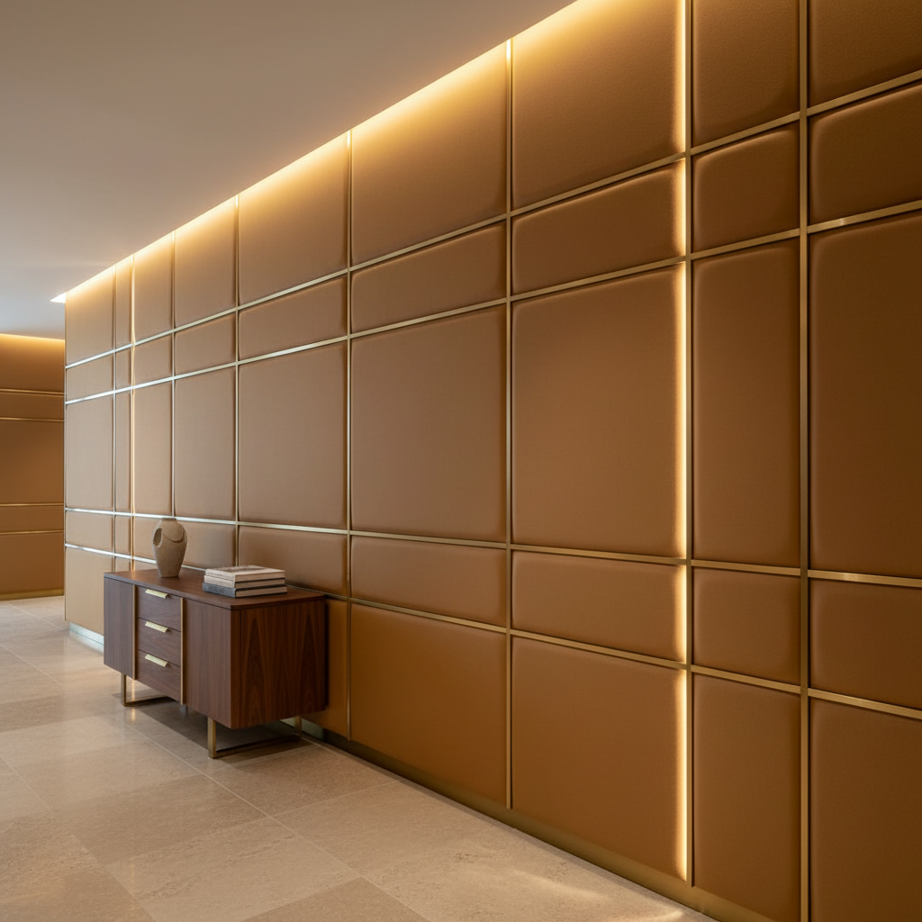 Smooth Solid Color Golden Brown Upholstered Wall Panel | Architectural Fabrics