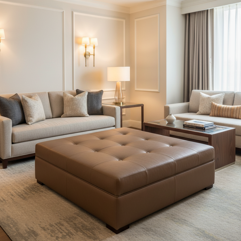 Smooth Pebble Grain Rich Umber Upholstered Ottoman | Architectural Fabrics