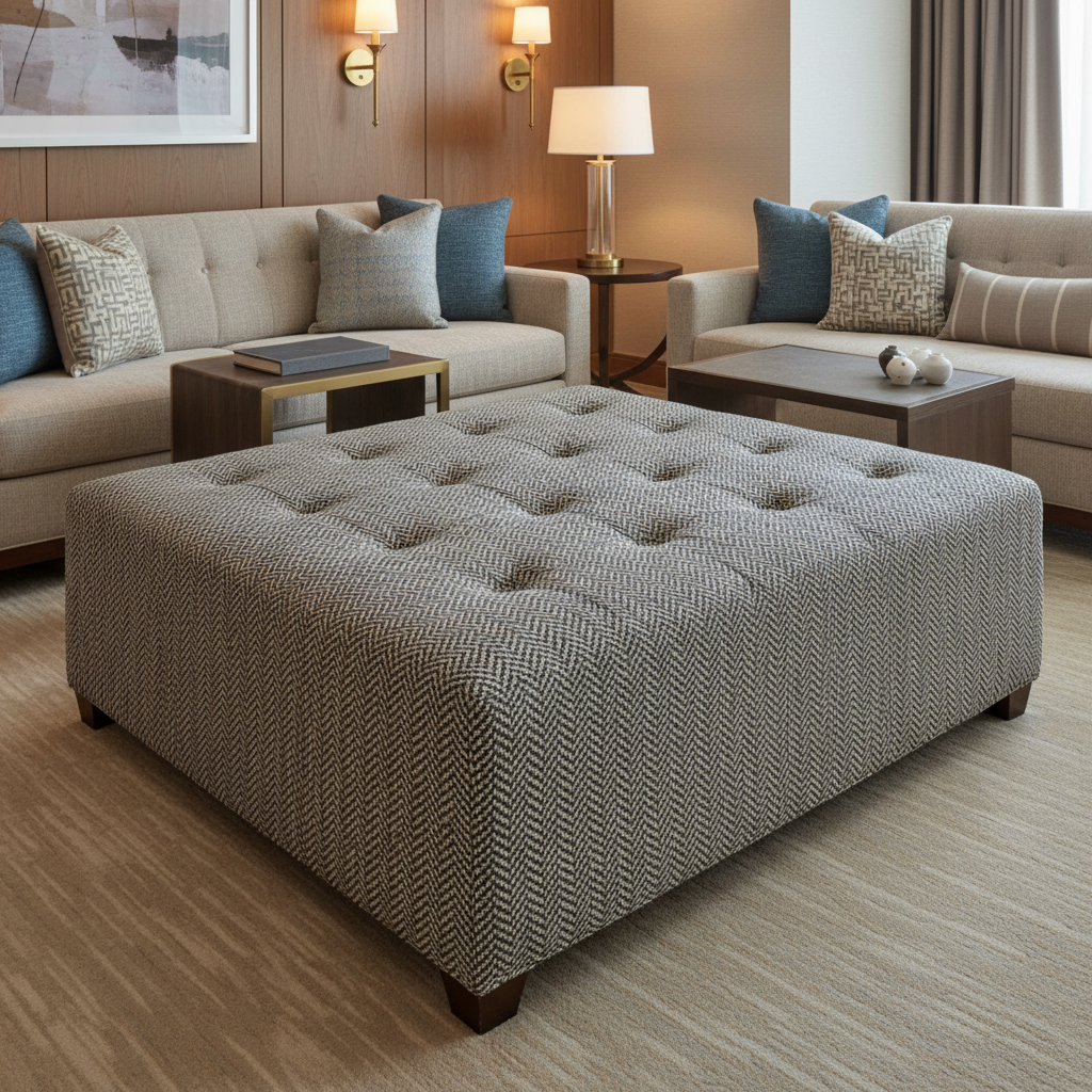 Chevron Woven Texture Slate Linen Upholstered Ottoman | Architectural Fabrics