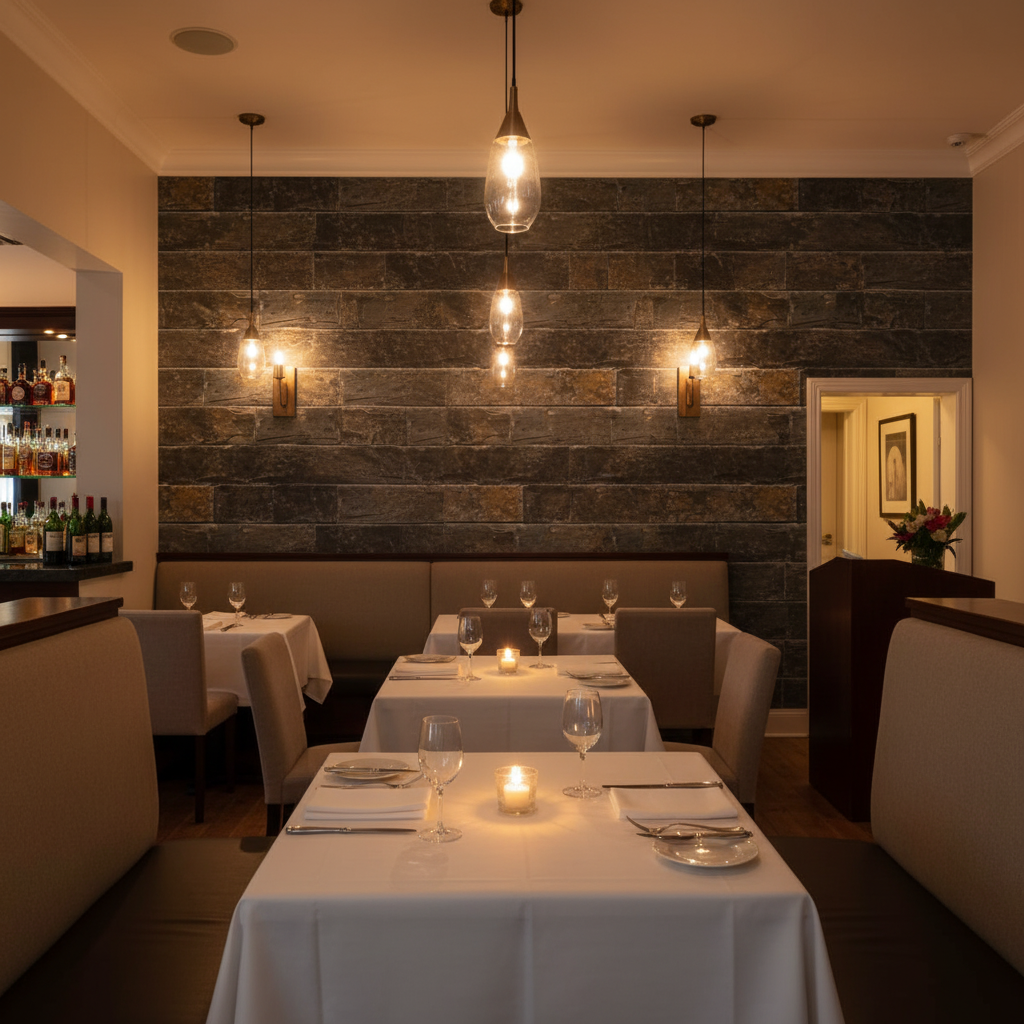 Vomera Midnight Travertine Faux Tile | Hollywood Wallcoverings - Restaurant Dining commercial room setting