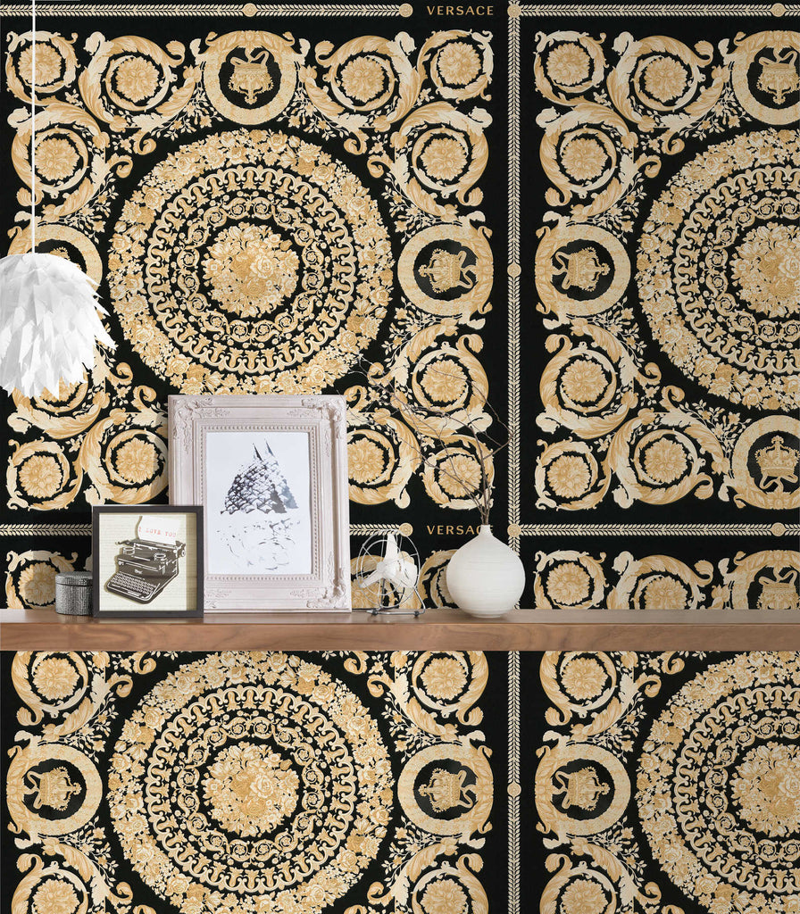 Luxury Versace Home Wallcovering Crowns & Roses - Black, Gold, Cream Wallcovering | Versace
