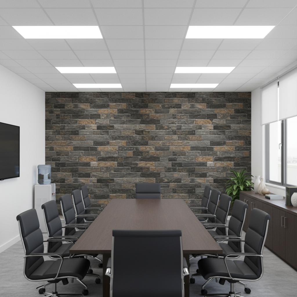 Vomera Midnight Travertine Faux Tile | Hollywood Wallcoverings - Conference Room commercial room setting