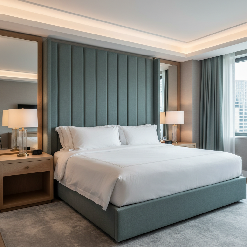 Subtle Linen Weave Dusty Teal Upholstered Headboard | Architectural Fabrics