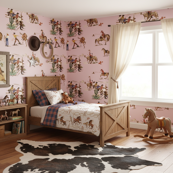 The Original Yeeha 1950's Cowboy - Pink Mid-Century Modern | Architectural Wallcoverings - Boys Bedroom Room Setting