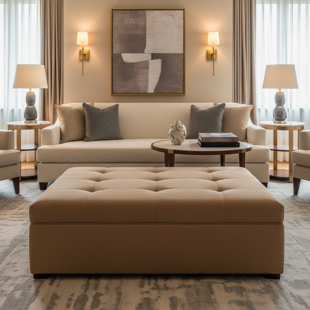 Ultrasuede  Fawn Brown Upholstered Ottoman | Ultrasuede Upholstery
