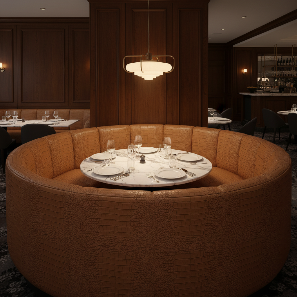 Embossed Reptile Scale Toffee Brown Upholstered Banquette | Architectural Fabrics