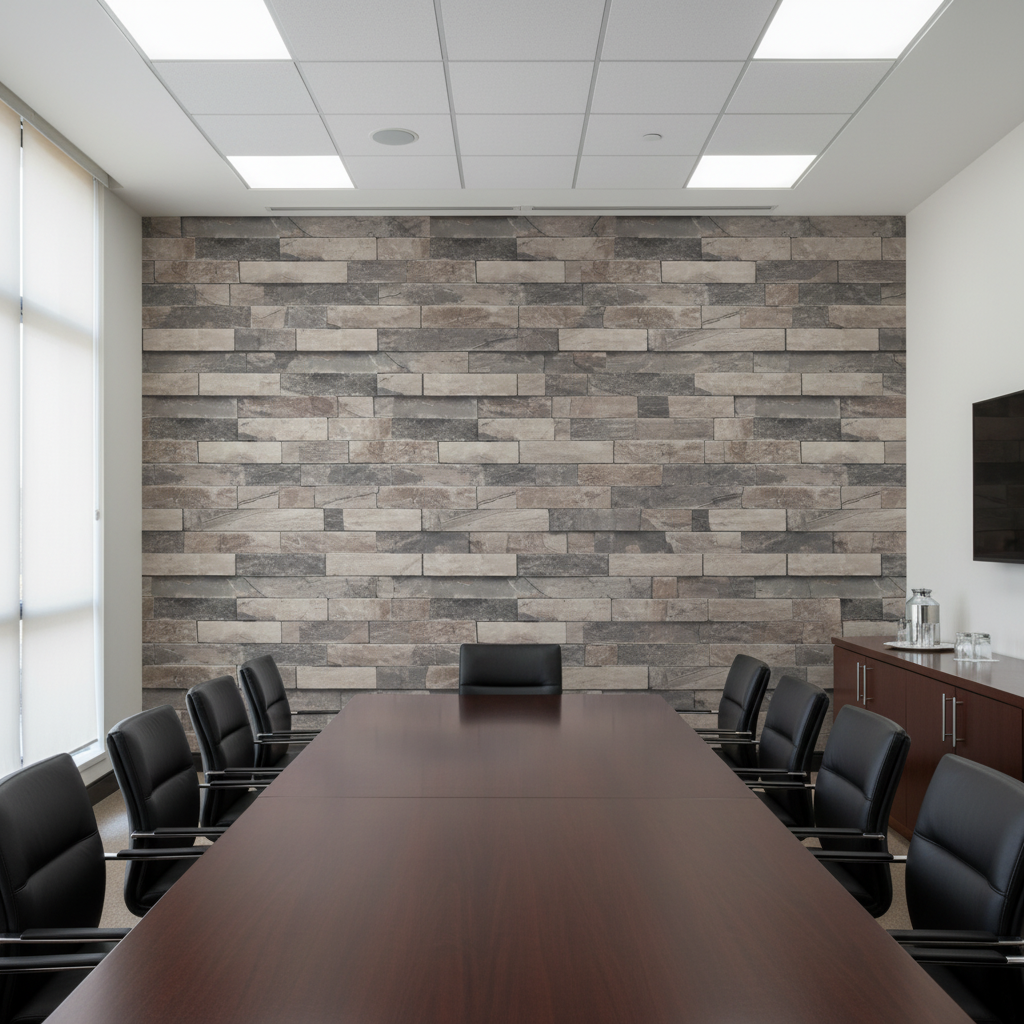 Vomera Aged Travertine Faux Tile | Hollywood Wallcoverings - Conference Room commercial room setting