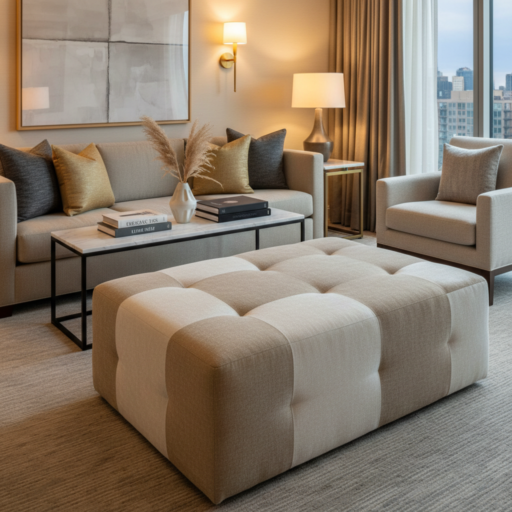 Elkton Barley Transitional ivory & cream Upholstered Ottoman | Architectural Fabrics