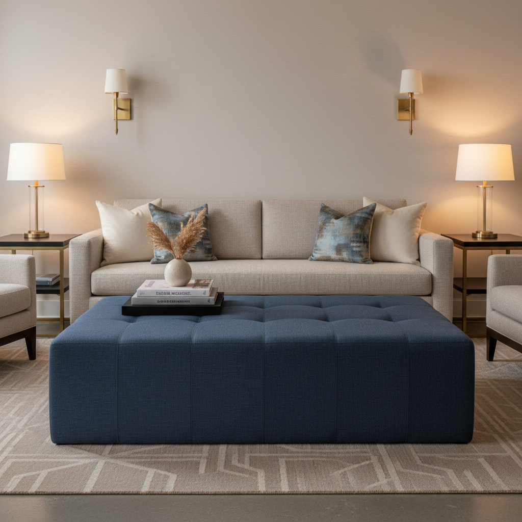 Subtle Velvet Texture Deep Indigo Upholstered Ottoman | Architectural Fabrics