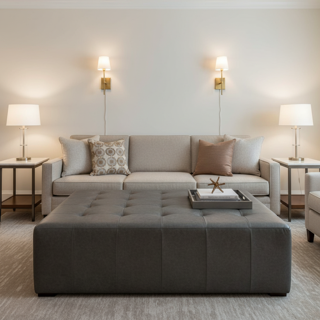 Subtle Leather Grain Charcoal Grey Upholstered Ottoman | Architectural Fabrics