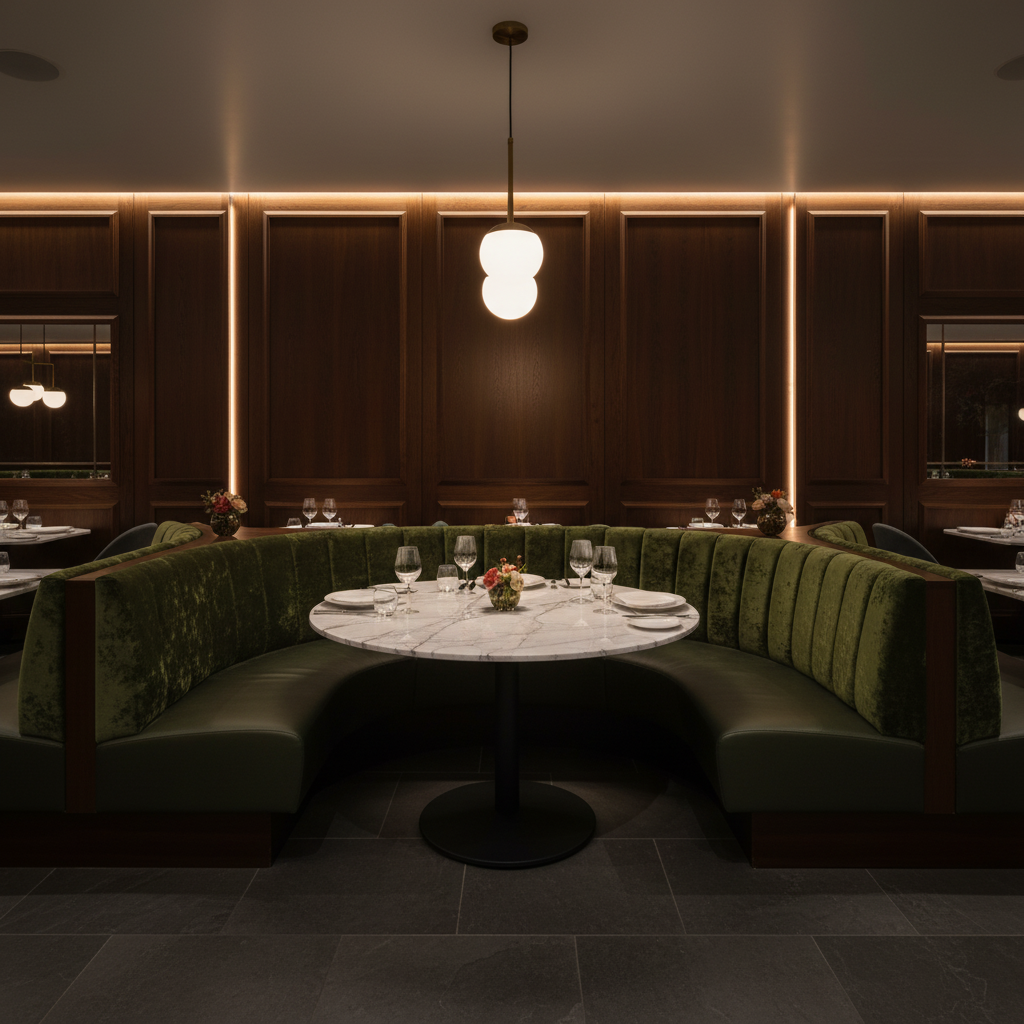 Crushed Velvet Texture Forest Green Upholstered Banquette | Architectural Fabrics