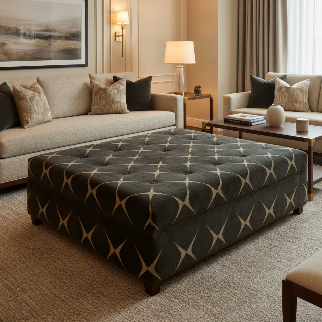 Geometric Diamond Velvet Onyx Sand Upholstered Ottoman | Architectural Fabrics