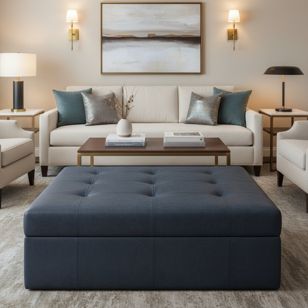 Fine Pebble Grain Deep Indigo Upholstered Ottoman | Architectural Fabrics