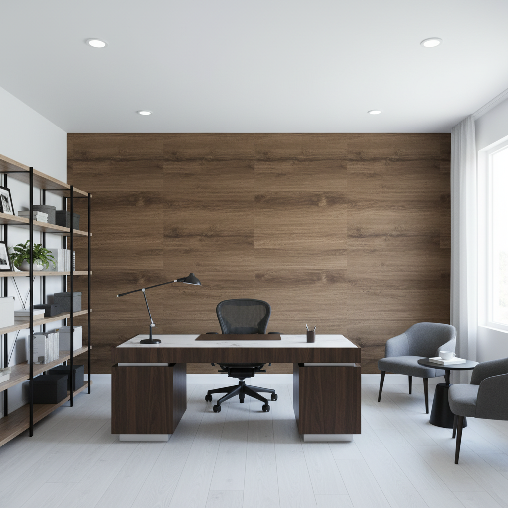 Biscay Bay Hickory Wood Grain | Hollywood Wallcoverings - Corporate Office commercial room setting
