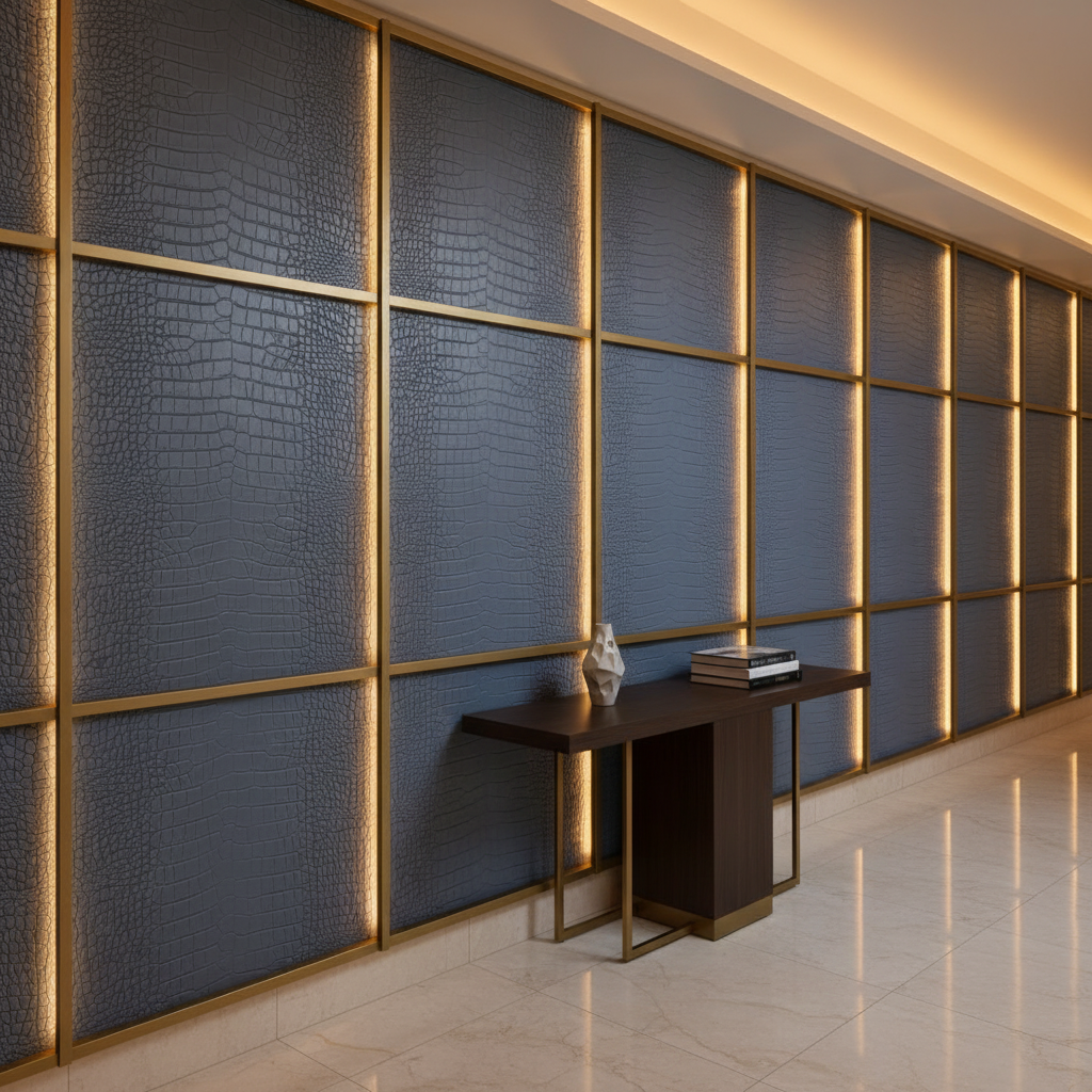 Embossed Crocodile Skin Slate Blue Upholstered Wall Panel | Architectural Fabrics