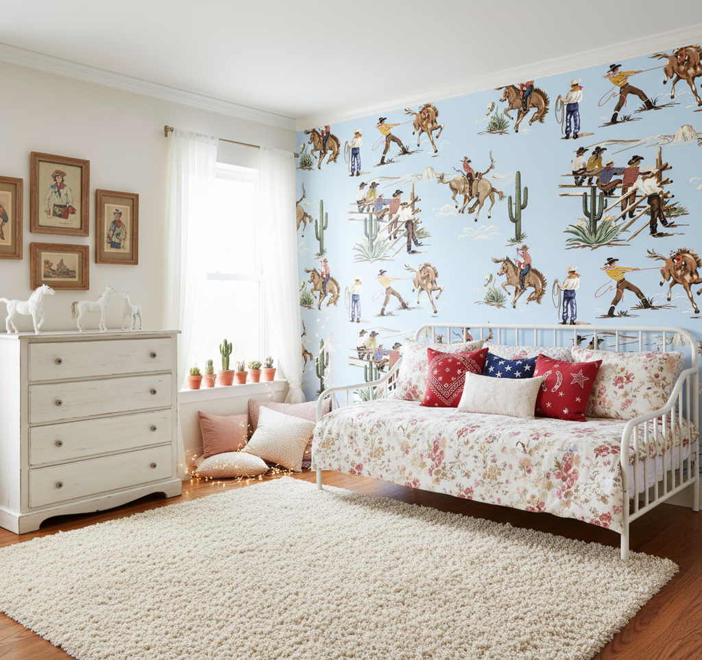 The Original Yeeha 1950's Cowboy - Light Blue Mid-Century Modern | Architectural Wallcoverings - Girls Western Chic Bedroom Room Setting