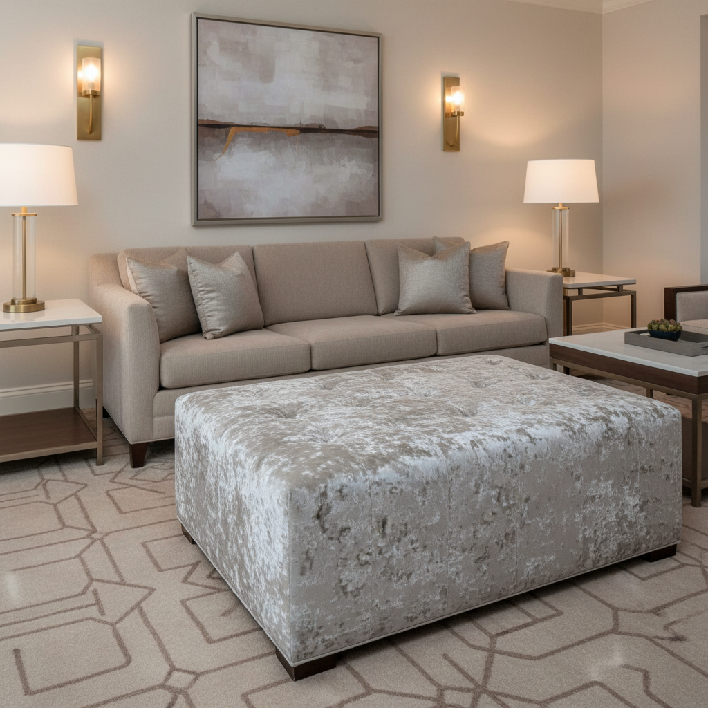 Crushed Velvet Texture Silver Mist Upholstered Ottoman | Architectural Fabrics