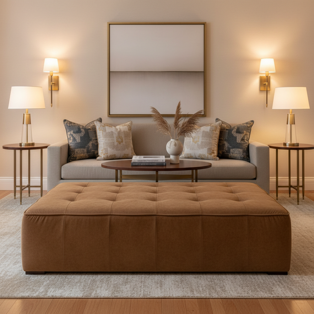 Ultrasuede  Hide  Brown Upholstered Ottoman | Ultrasuede Upholstery