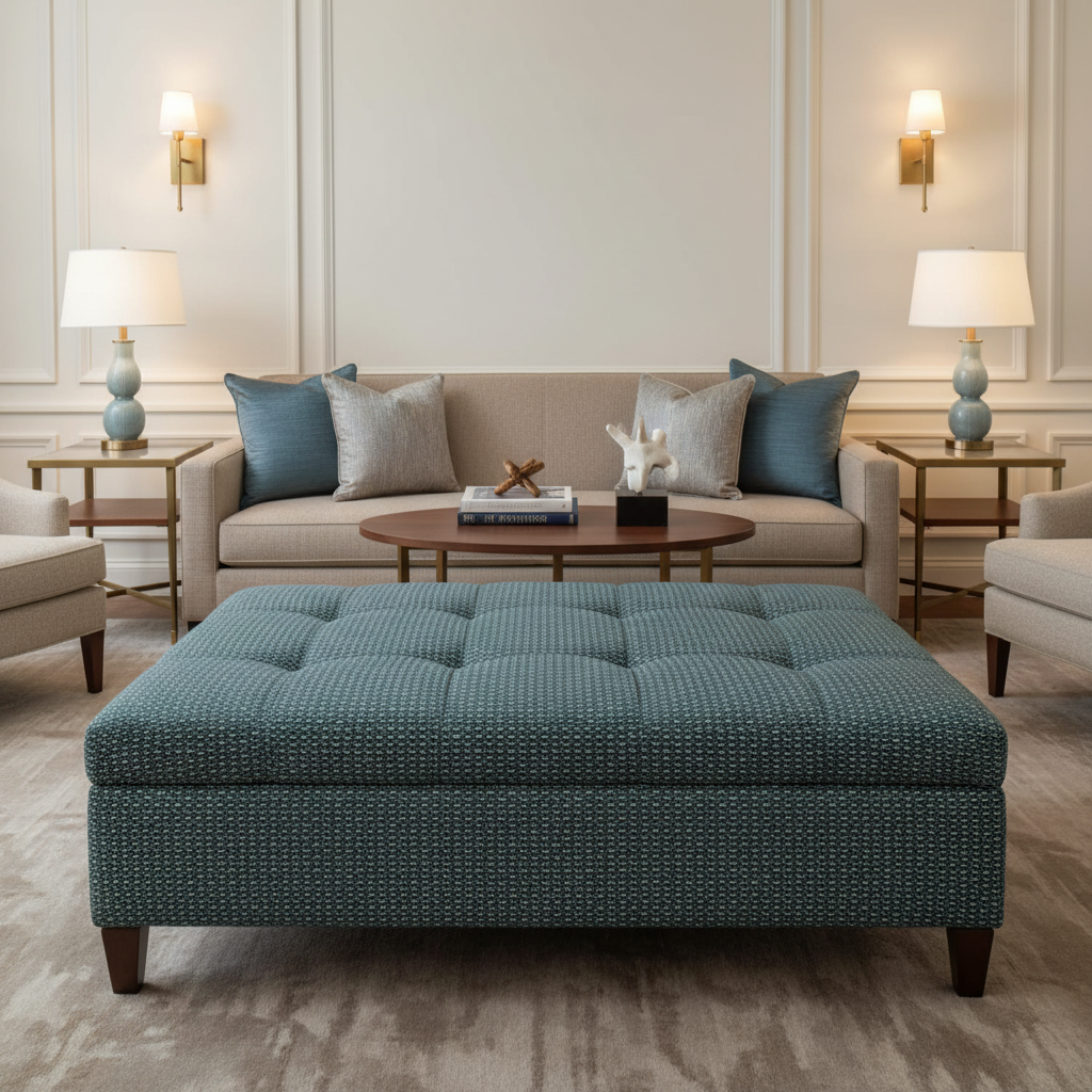 Woven Geometric Texture Teal Mist Upholstered Ottoman | Architectural Fabrics