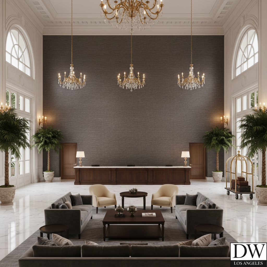 Marseilles Vinyl | Hollywood Wallcoverings - Hotel Lobby commercial room setting
