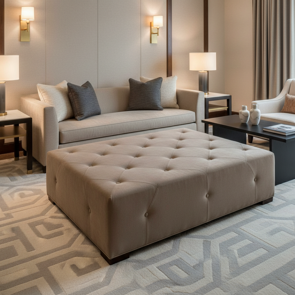 Ultrasuede  Doe Beige, Brown Upholstered Ottoman | Ultrasuede Upholstery