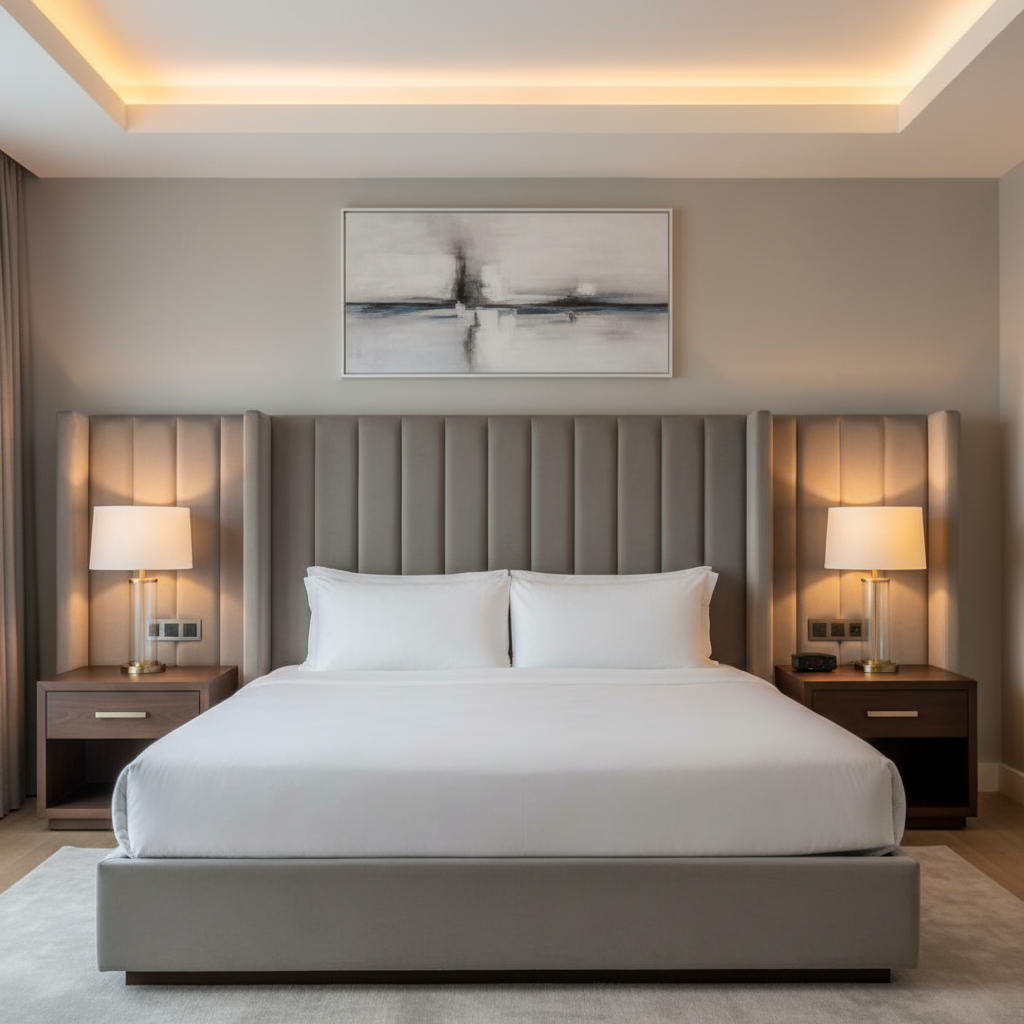 Subtle Pebble Texture Cool Silver Upholstered Headboard | Architectural Fabrics