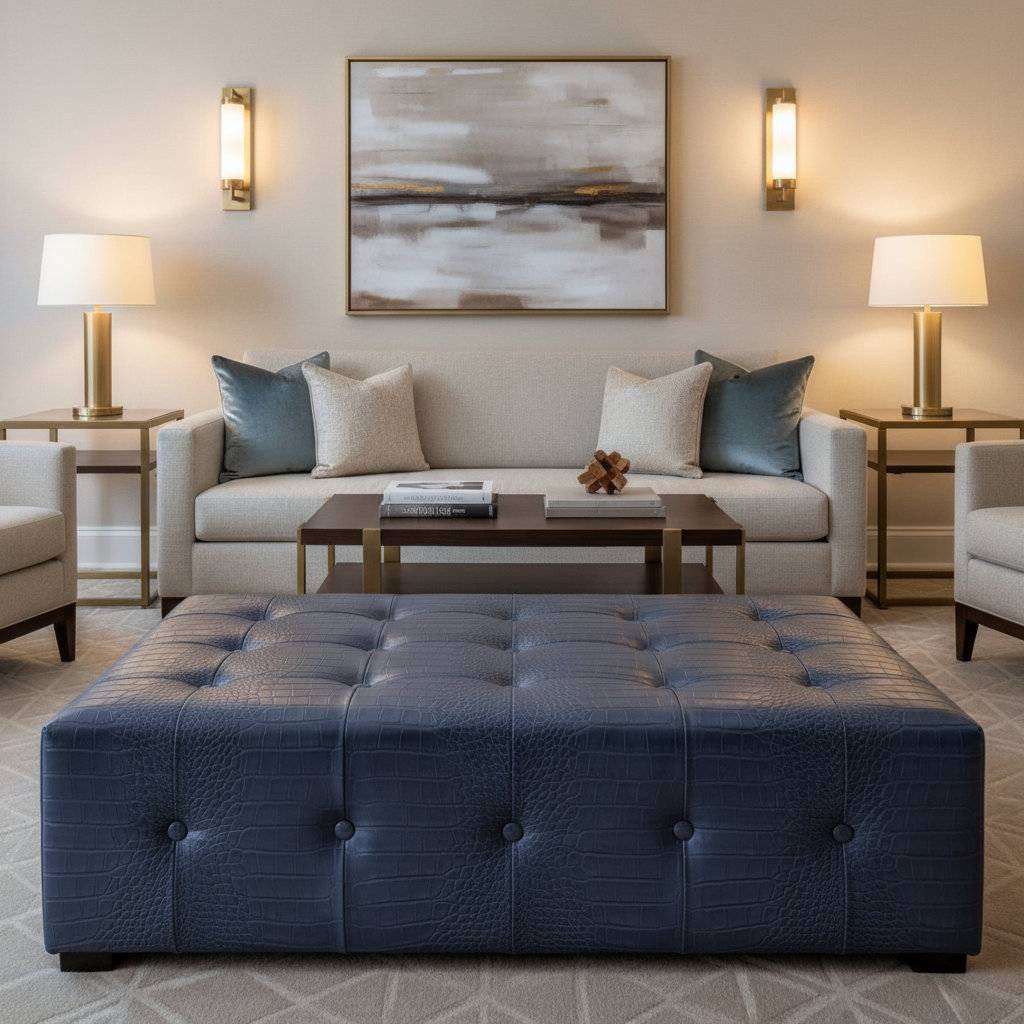 Embossed Reptile Scale Deep Indigo Upholstered Ottoman | Architectural Fabrics