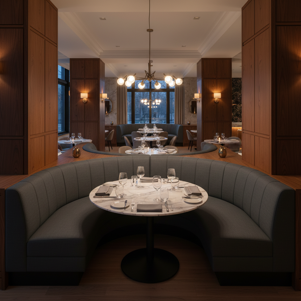 Smooth Solid Surface Deep Graphite Upholstered Banquette | Architectural Fabrics