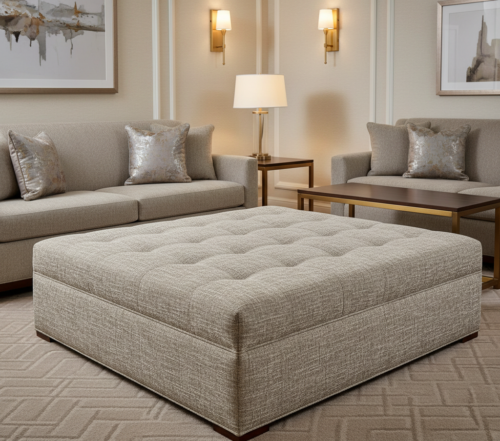 BEVERLY - Oatmeal Tweed Blackout Drapery Upholstered Ottoman | Architectural Fabrics